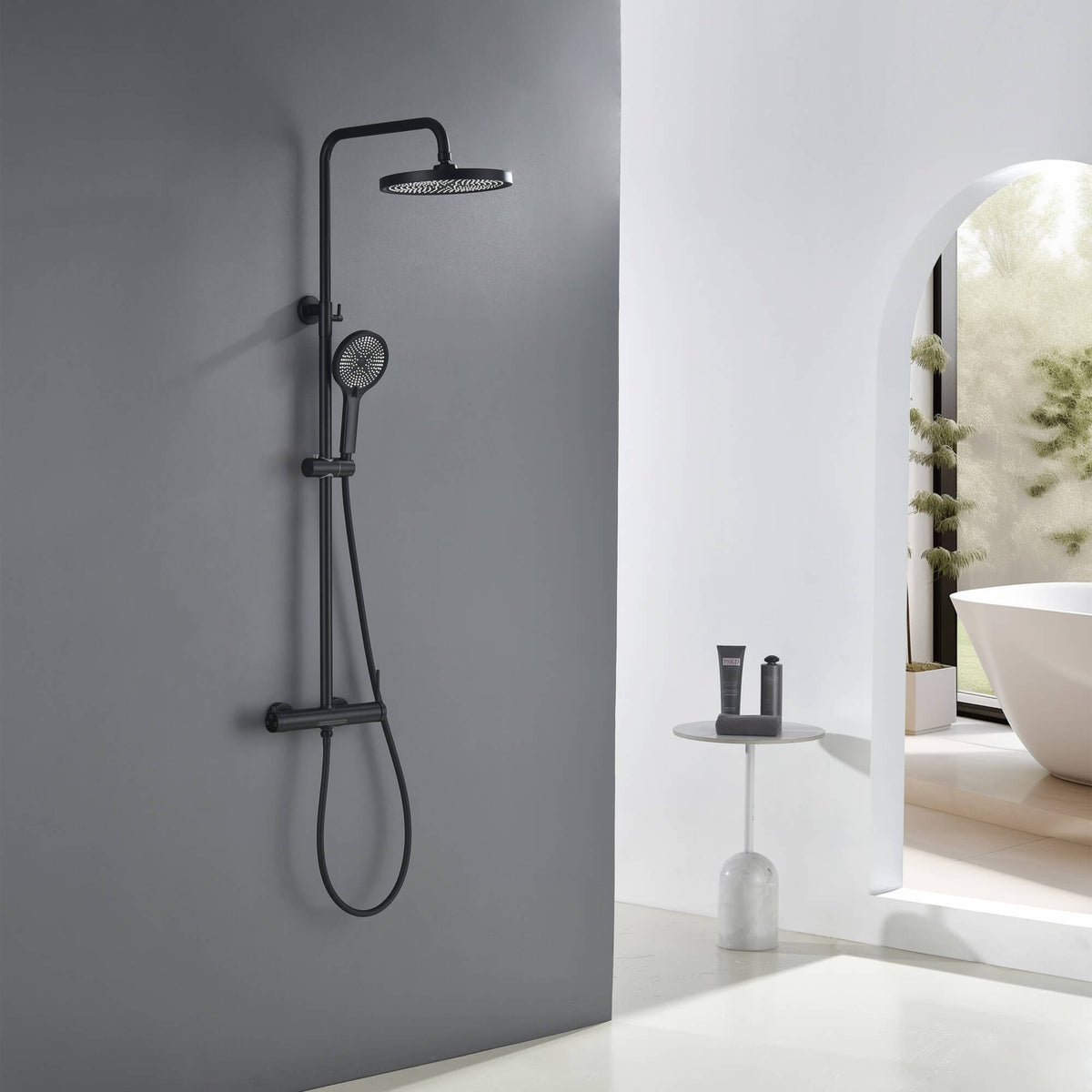 3-Function Exposed Stainless Steel Rain Shower Column with Waterfall Tub Filler