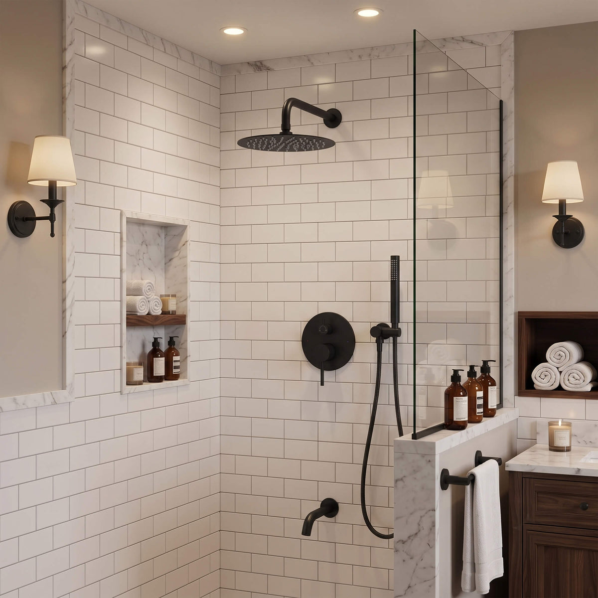 Matte black rain shower system with overhead shower, handheld shower and tub spout in a modern white tile bathroom