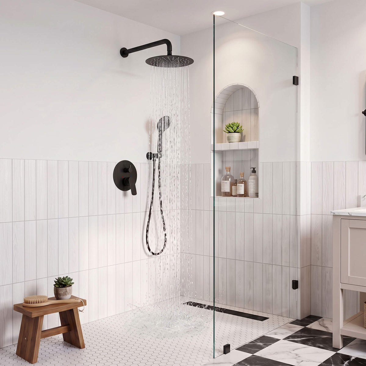Matte black rain shower system in use with 10-inch rainfall shower head and handheld shower