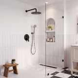 Matte black rain shower system in use with 10-inch rainfall shower head and handheld shower