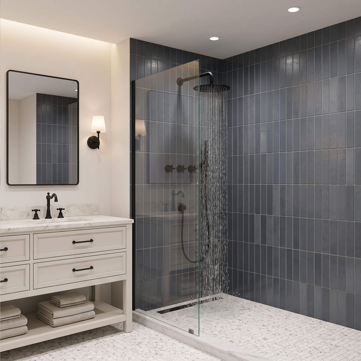 Matte black rainfall shower system with overhead shower water flow in a contemporary bathroom