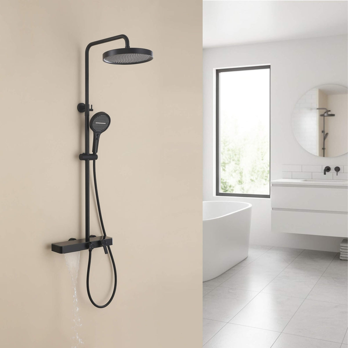 Exposed 3-Function Rain Shower Column with Shelf & Waterfall Tub Filler