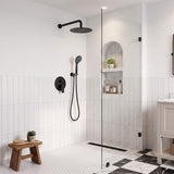 Matte black rain shower system with handheld shower and wall-mounted 10-inch rainfall shower head