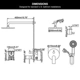 Matte black shower system dimensions with 10-inch rain shower head concealed valve and handheld shower
