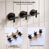 Matte black shower system with rough-in valve and three handle trim kit included