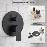 Matte black shower system with included rough-in valve and standard 1/2-inch NPT connections