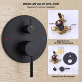 Matte black shower system rough-in valve and trim kit with standard 1/2 inch NPT plumbing connections