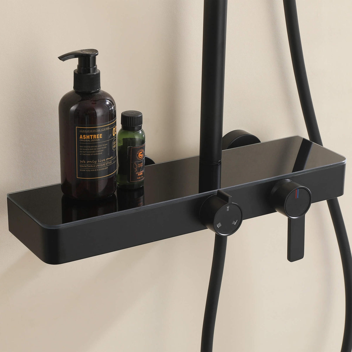 Exposed 3-Function Rain Shower Column with Shelf & Waterfall Tub Filler