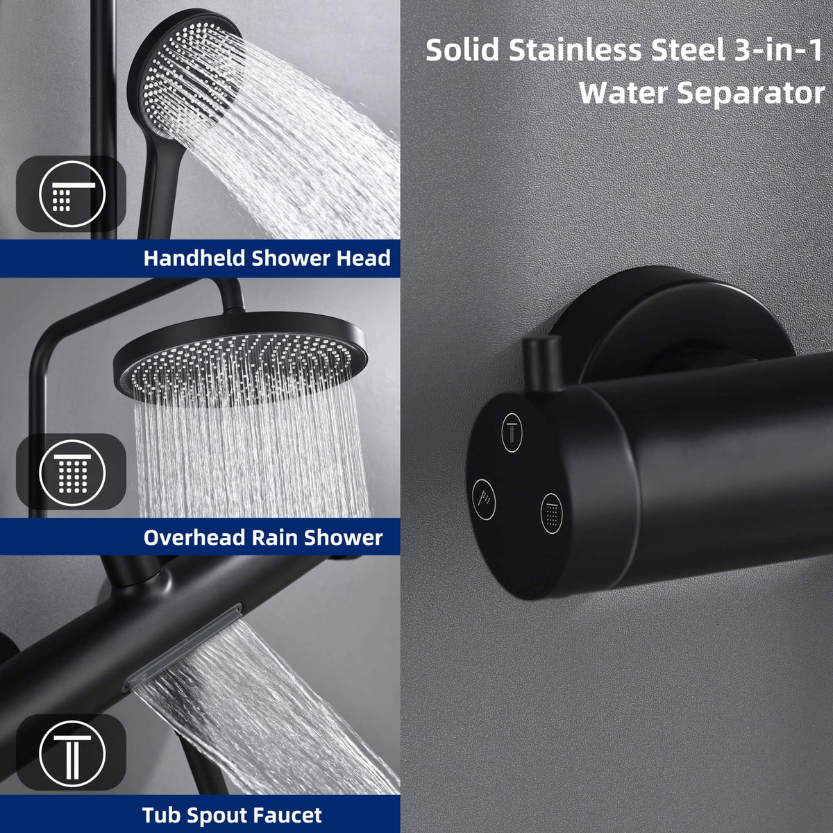 3-Function Exposed Stainless Steel Rain Shower Column with Waterfall Tub Filler