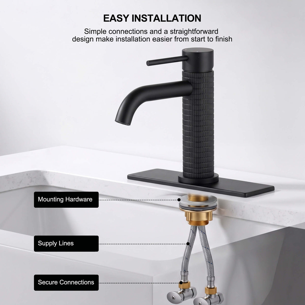 Matte black single hole bathroom faucet installation hardware including supply lines and mounting accessories
