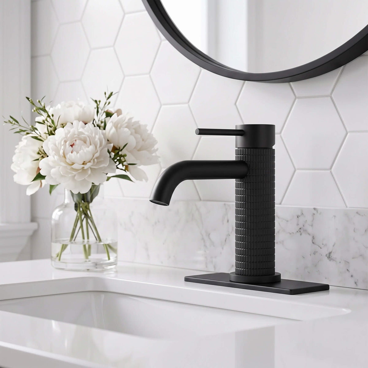 Matte black single hole bathroom faucet installed on modern vanity sink with minimalist design