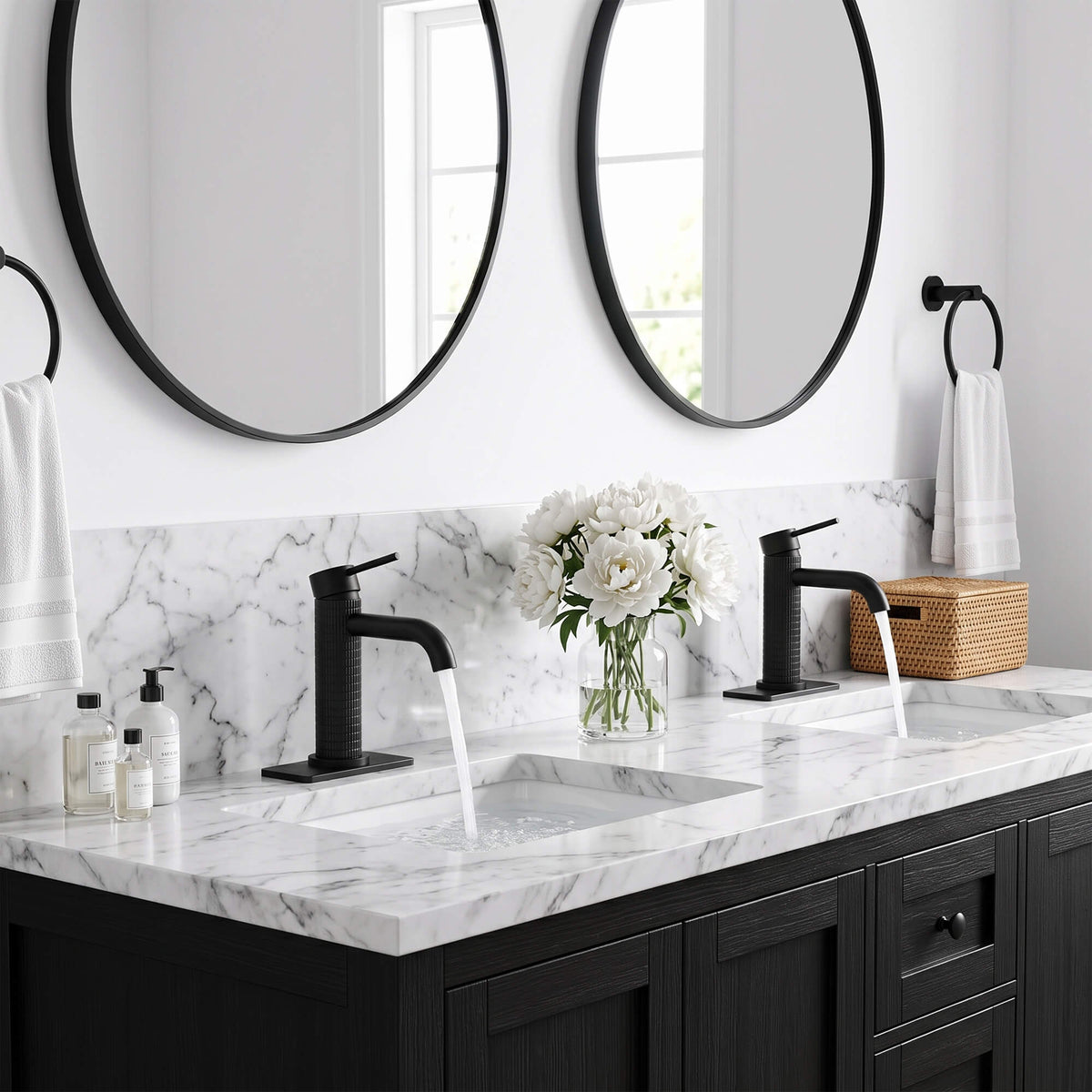 Matte black single hole faucet installation on bathroom countertop with elegant marble vanity