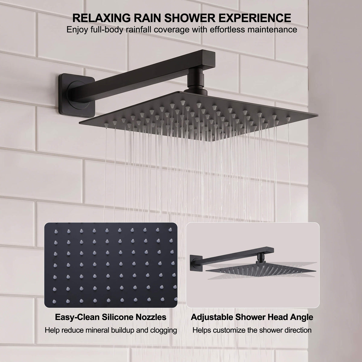 Matte black square rain shower head with easy-clean silicone nozzles and adjustable shower angle