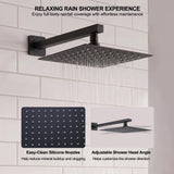 Matte black square rain shower head with easy-clean silicone nozzles and adjustable shower angle