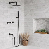 Wall-mounted matte black bathtub shower system with round rainfall head, slim hand shower, tub spout and three cross handles