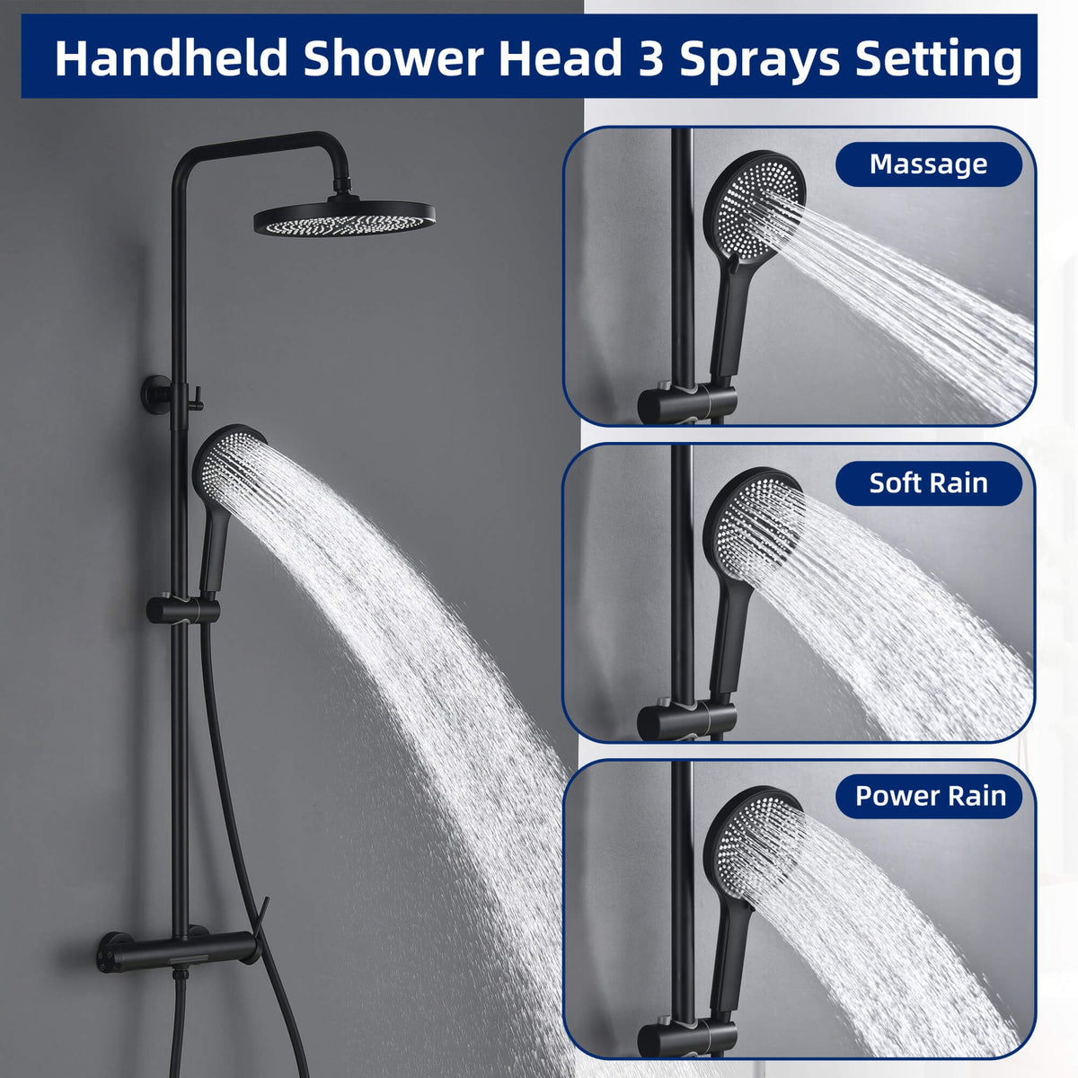 3-Function Exposed Stainless Steel Rain Shower Column with Waterfall Tub Filler