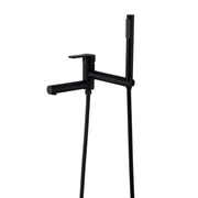 Matte black wall-mounted bathtub faucet set with handheld shower and flexible hoses