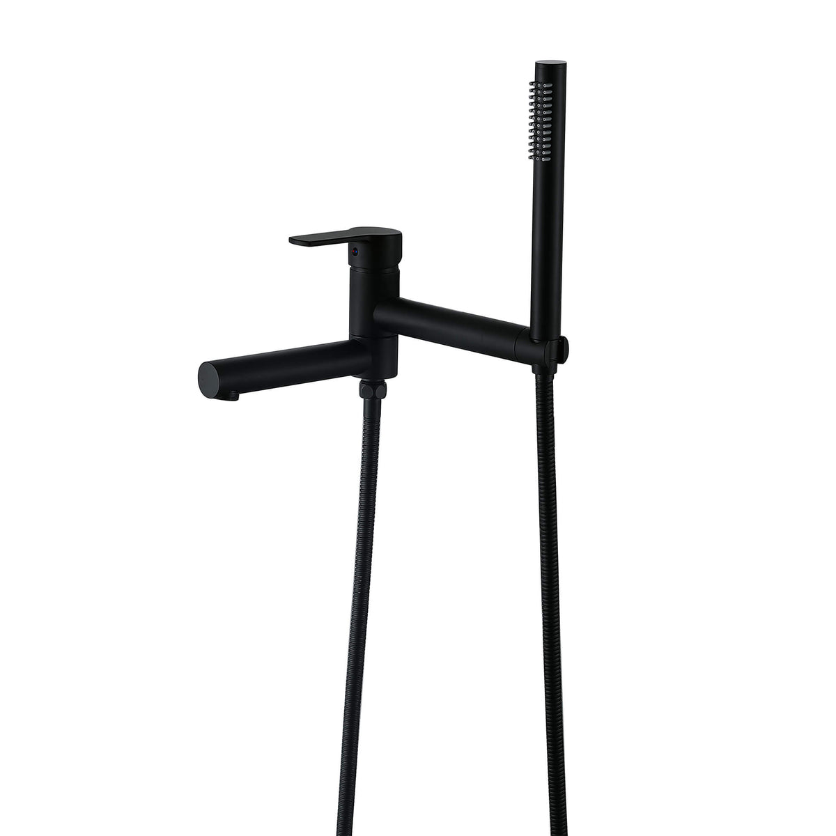 Matte black wall-mounted bathtub faucet set with handheld shower and flexible hoses
