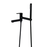 Matte black wall-mounted bathtub faucet set with handheld shower and flexible hoses