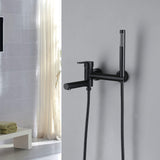 Matte black wall-mounted tub faucet with long spout and handheld shower