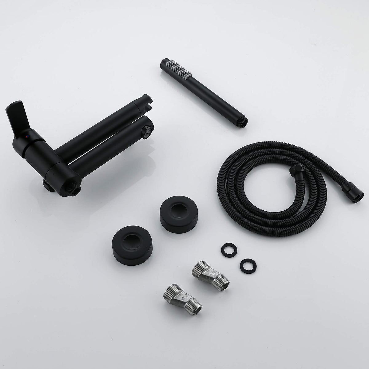 Matte black wall-mounted tub faucet kit with hand shower hose and mounting hardware