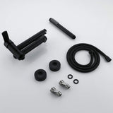 Matte black wall-mounted tub faucet kit with hand shower hose and mounting hardware