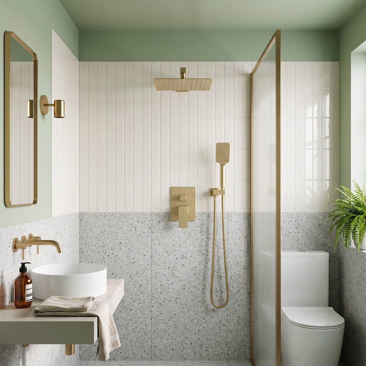 Modern bathroom with brushed gold rain shower system, handheld shower and concealed mixer valve