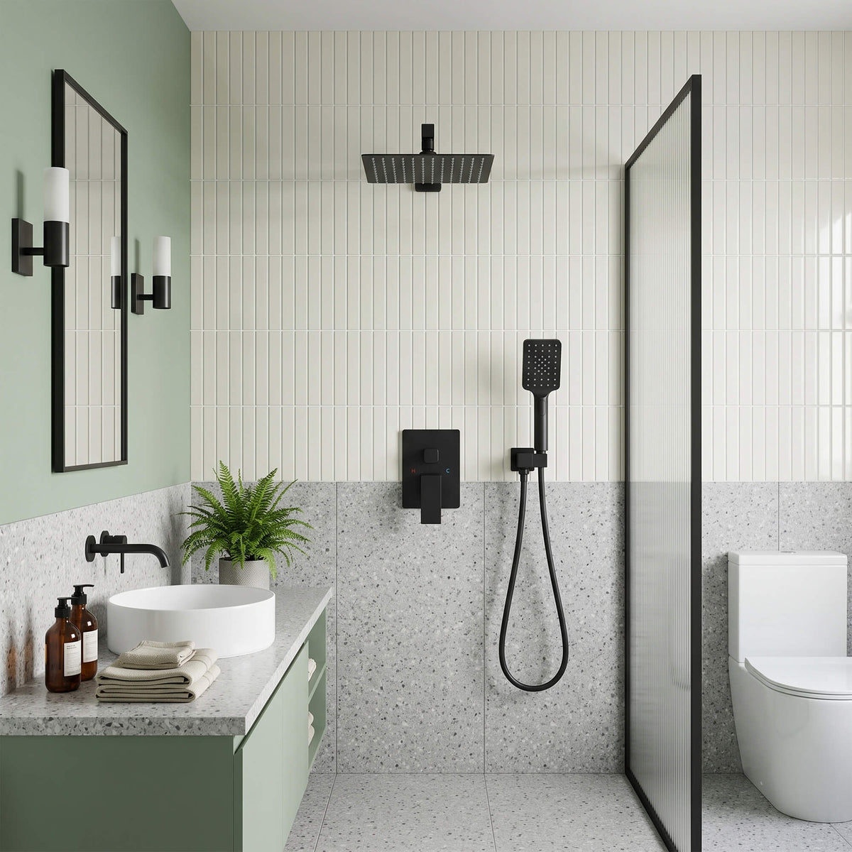 Modern bathroom with matte black rain shower system, concealed mixer valve and handheld shower