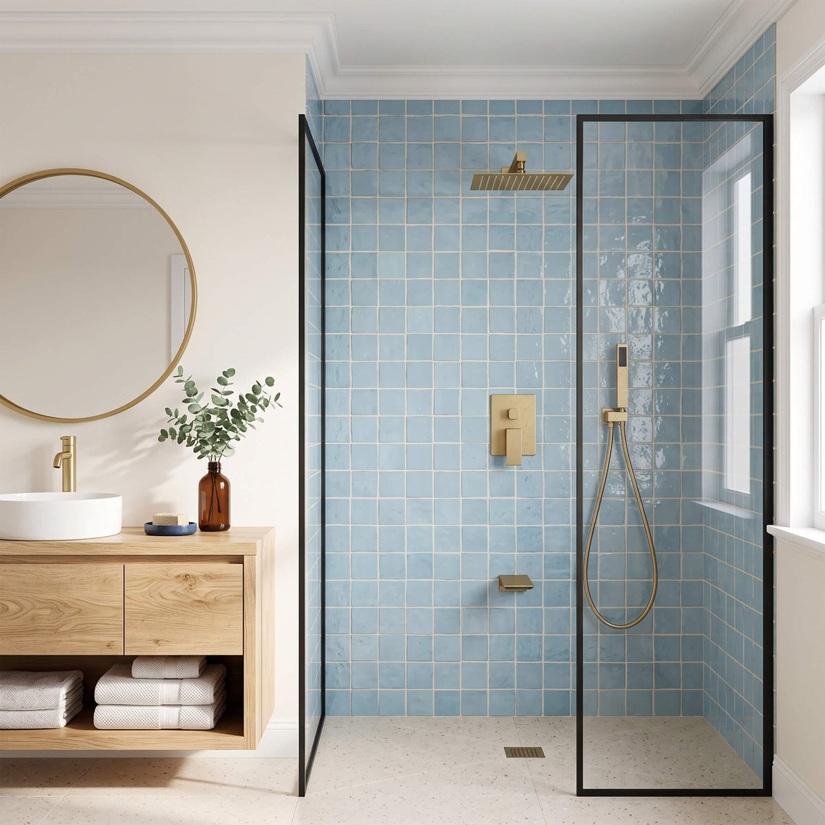 Complete wall-mounted bath and shower fixture set installed against blue tile with a square overhead head and handheld wand