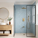 Complete wall-mounted bath and shower fixture set installed against blue tile with a square overhead head and handheld wand