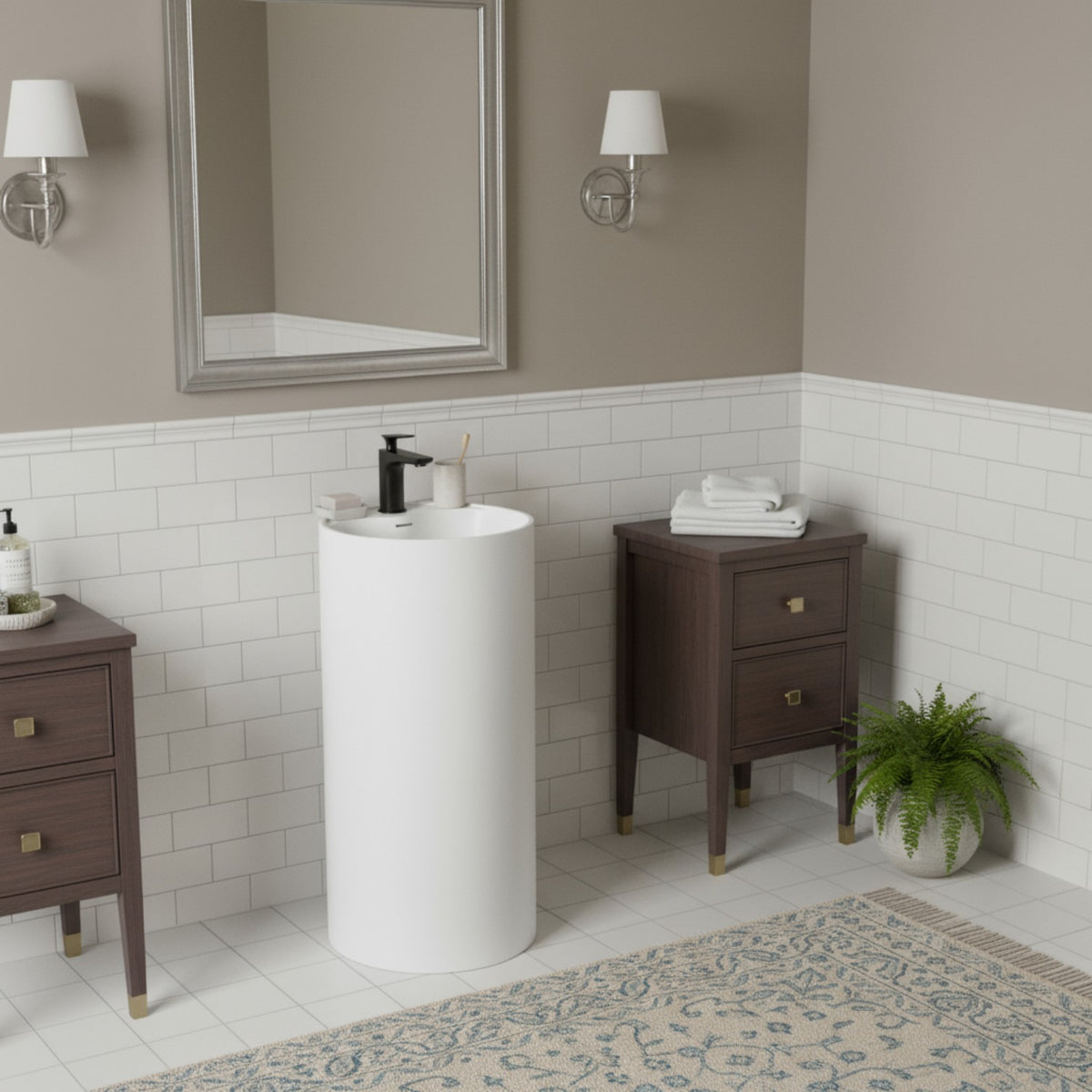 Close-up of freestanding white round pedestal sink with black faucet, minimalist modern bathroom design.