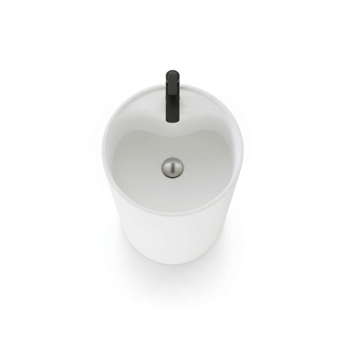Top view of modern white round pedestal sink with black faucet, minimalist freestanding bathroom basin.