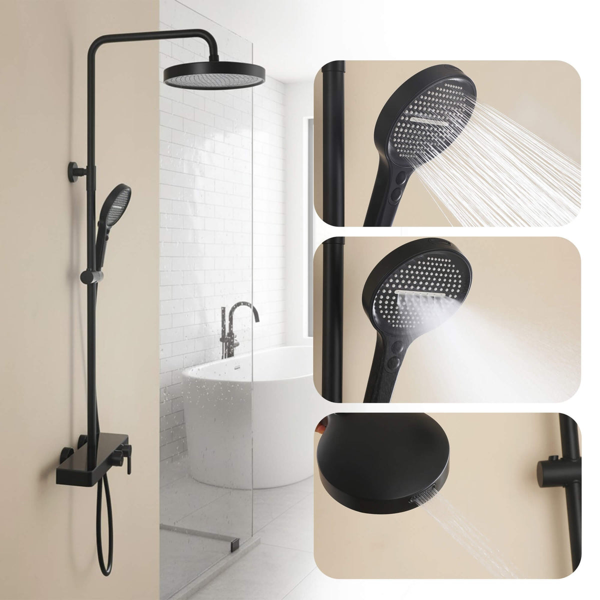 Exposed 3-Function Rain Shower Column with Shelf & Waterfall Tub Filler