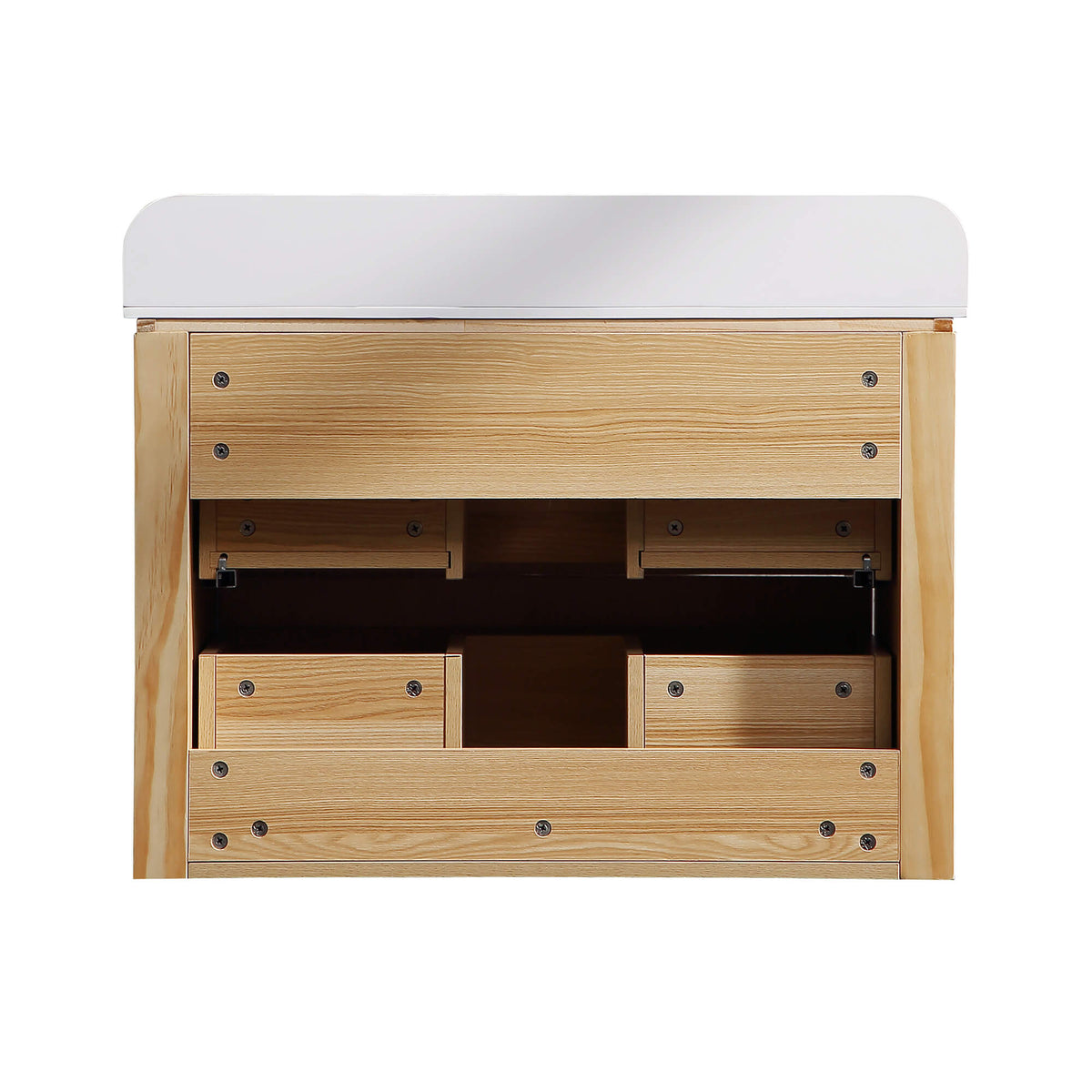 Rear view of natural wood floating bathroom vanity with integrated white sink