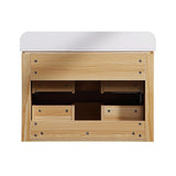 Rear view of natural wood floating bathroom vanity with integrated white sink