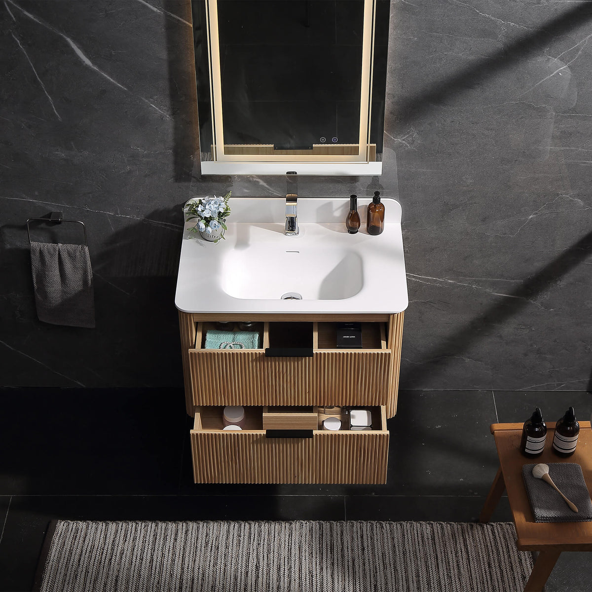 Natural wood floating vanity with two drawers for bathroom storage