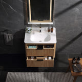 Natural wood floating vanity with two drawers for bathroom storage