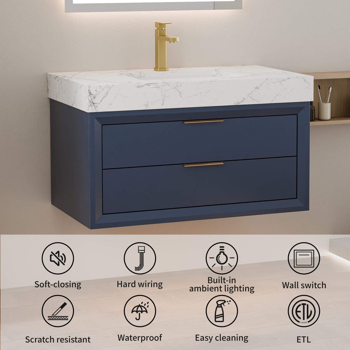 36-Inch Floating Bathroom Vanity with LED Lighting & 2 Drawers