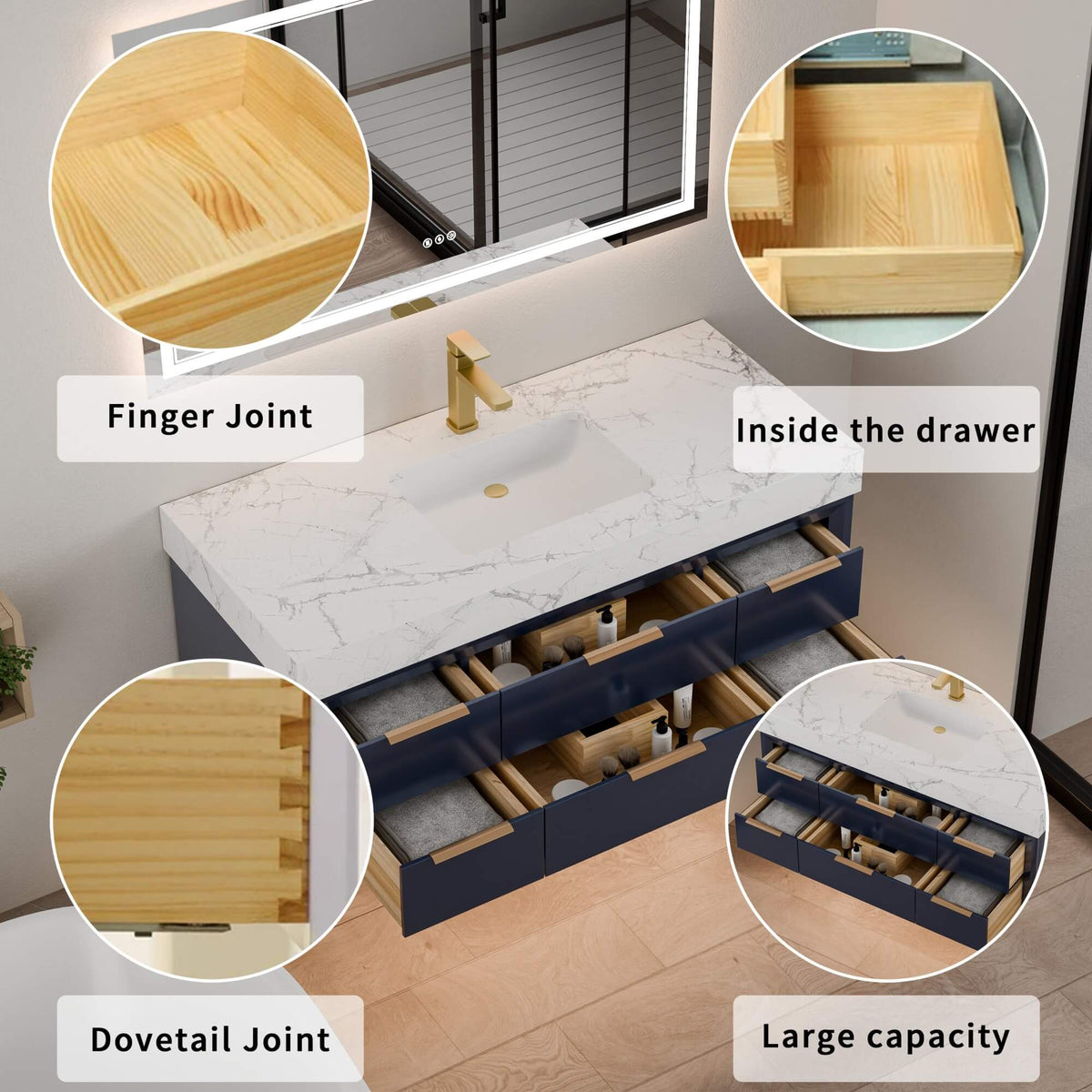48-Inch Floating Bathroom Vanity with Sink, 6 Drawers & LED Lighting