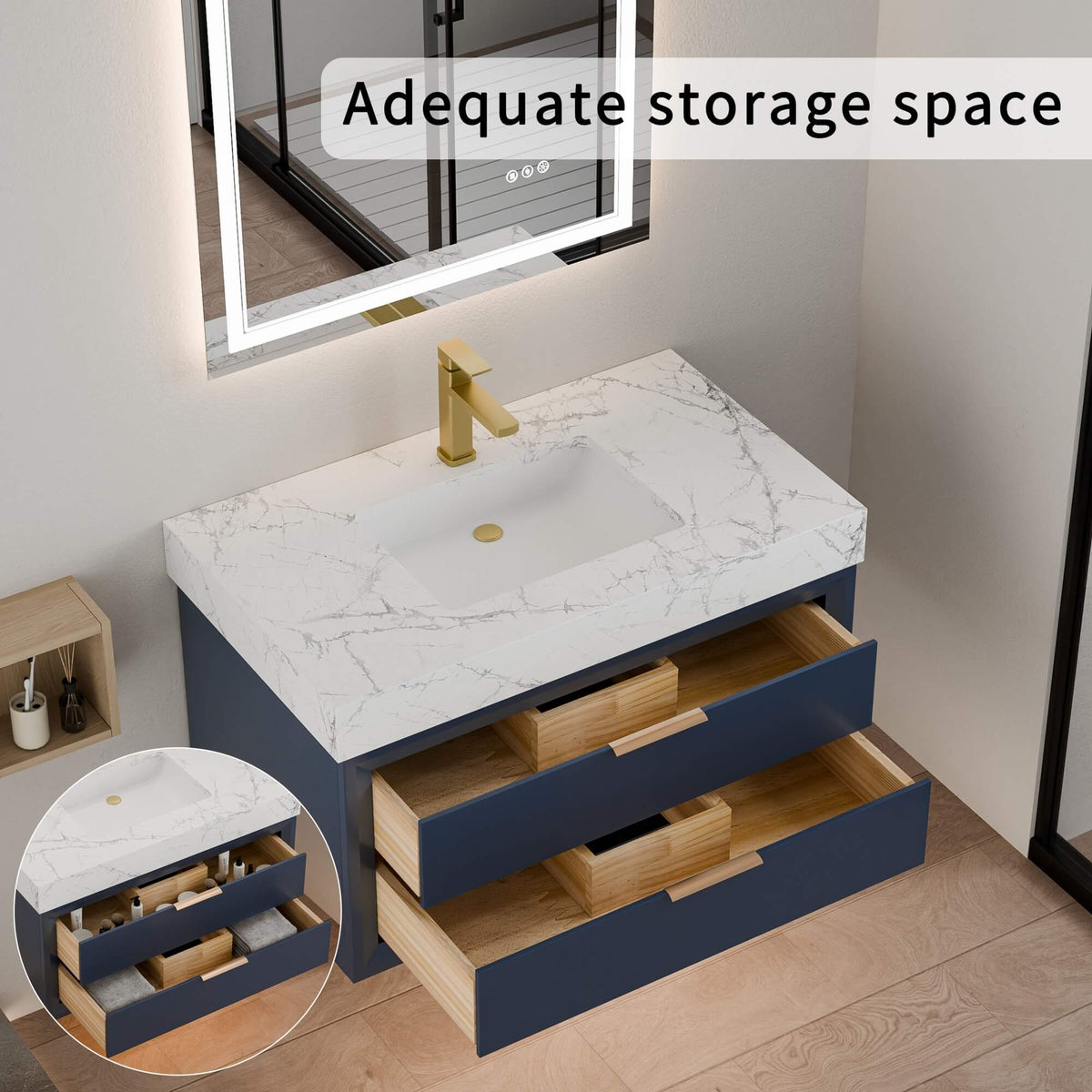 36-Inch Floating Bathroom Vanity with LED Lighting & 2 Drawers
