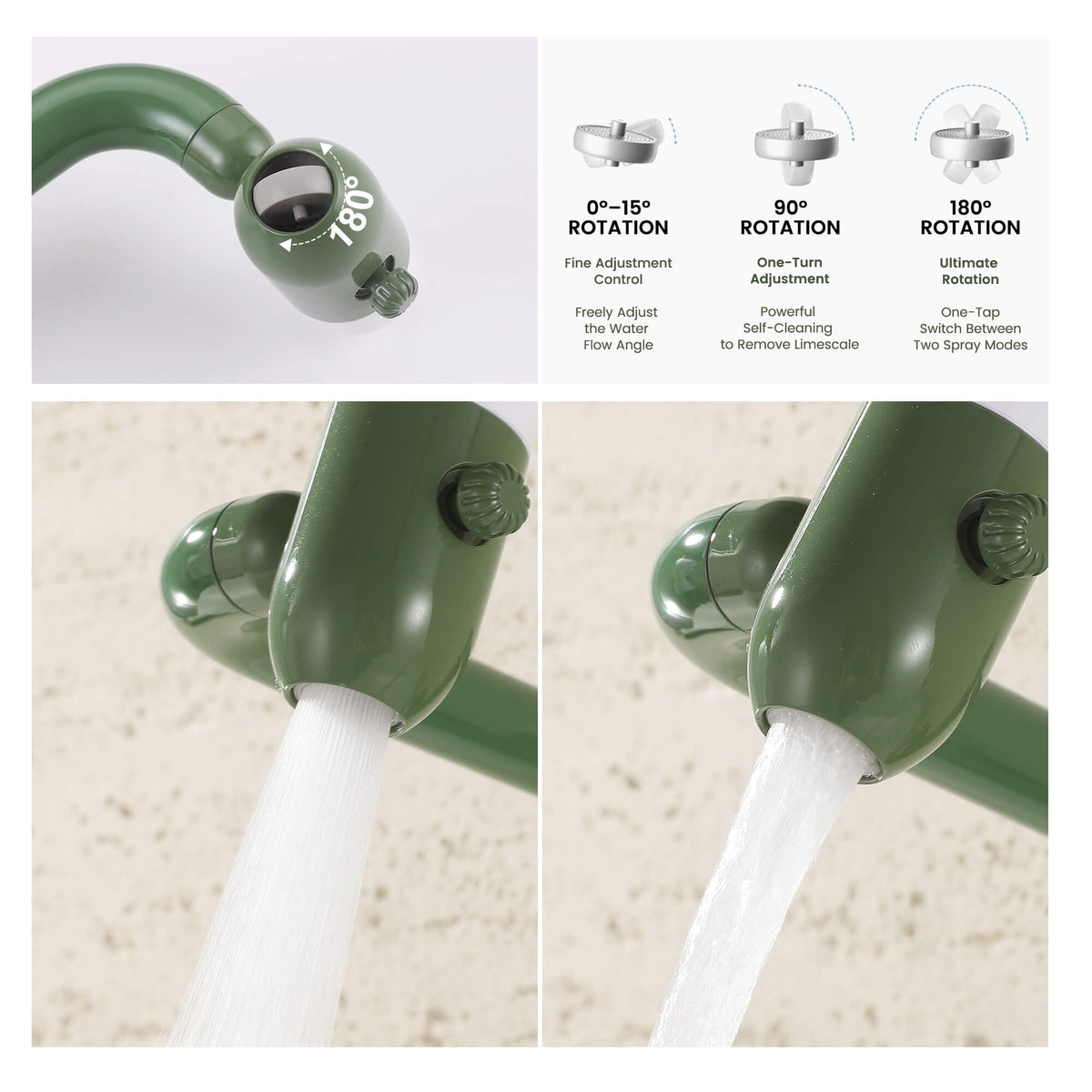 Olive green adjustable shower head with 360 degree rotation and multiple spray modes for flexible water flow control