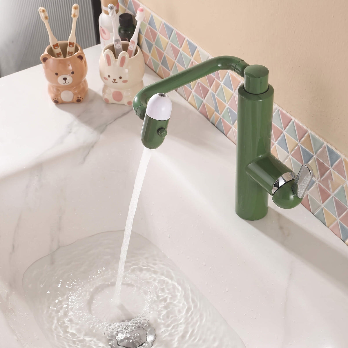 Olive green bathroom faucet producing a smooth water stream