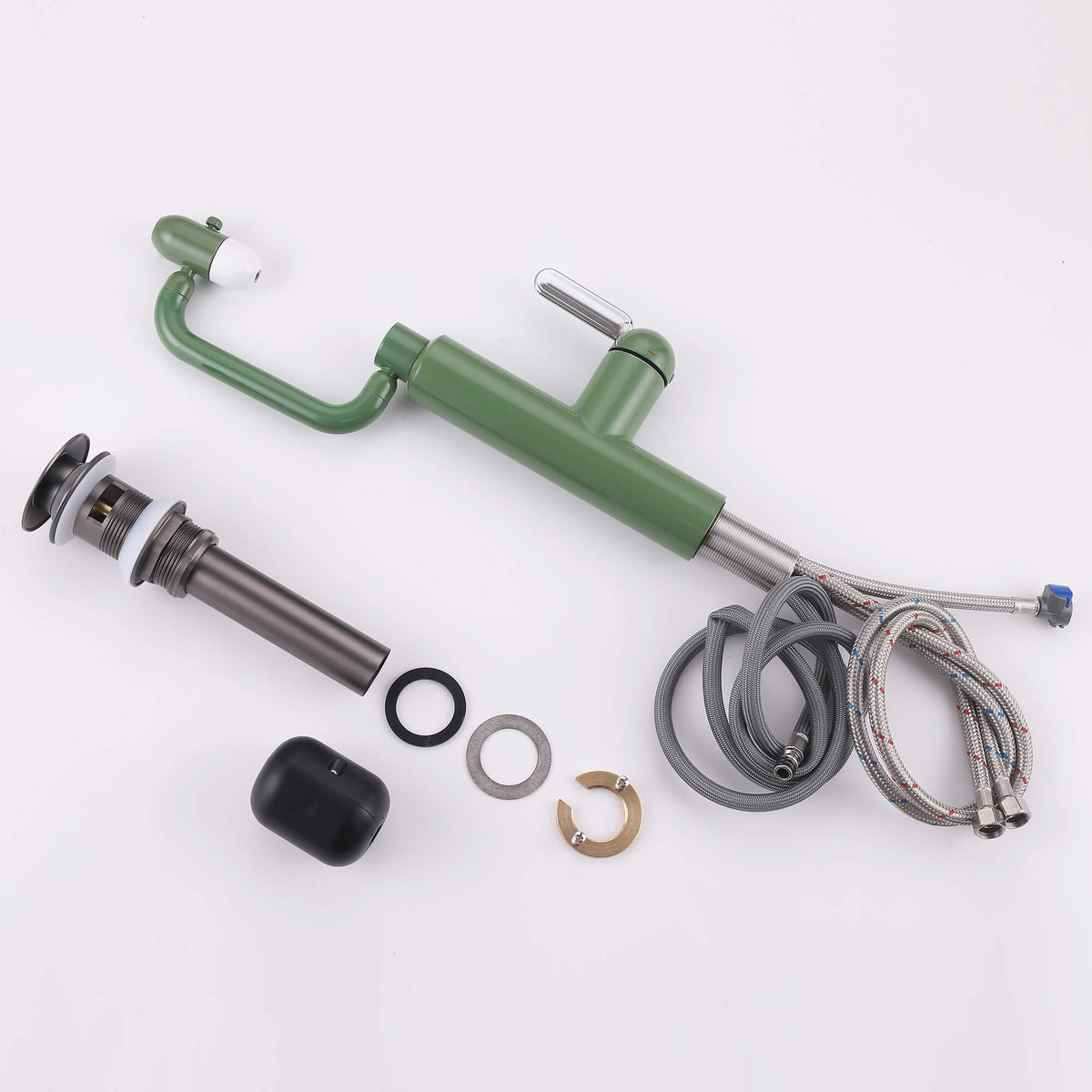 Olive green bathroom faucet with separated components and installation accessories