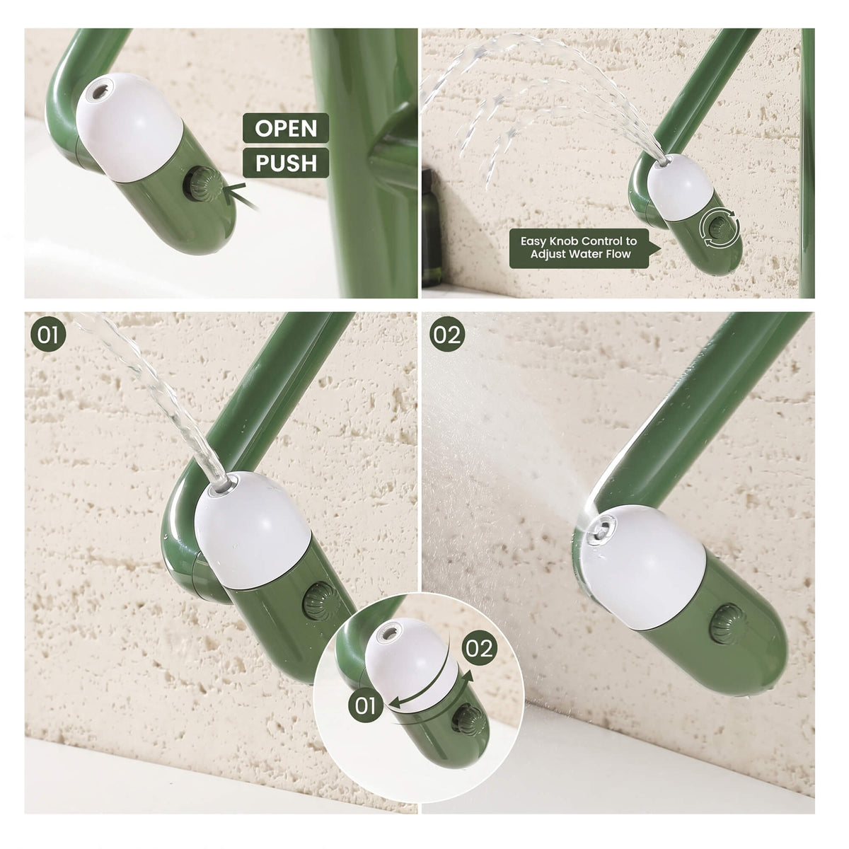 Olive green cream white faucet showing different water flow spray modes