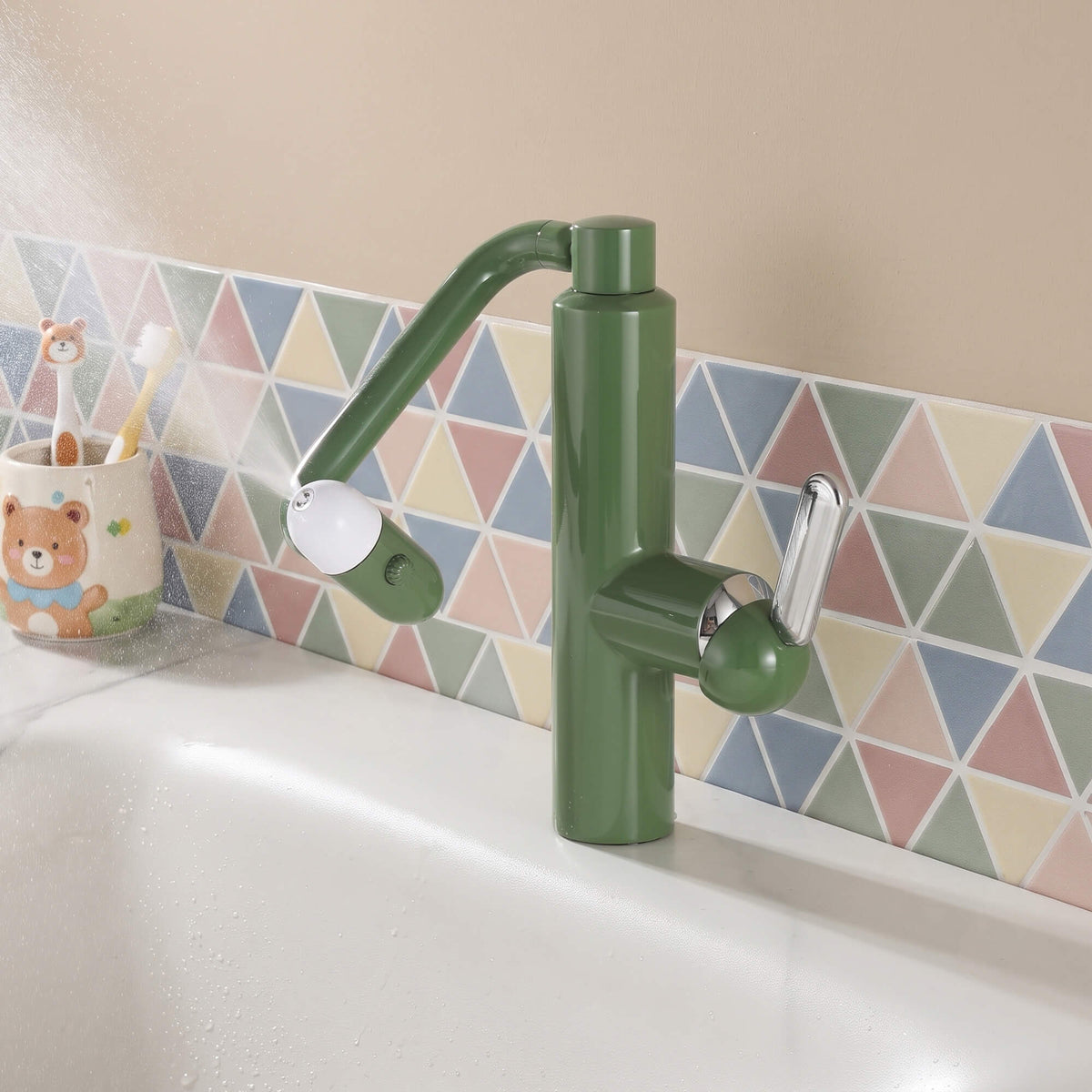 Olive green bathroom faucet with gentle mist spray water mode