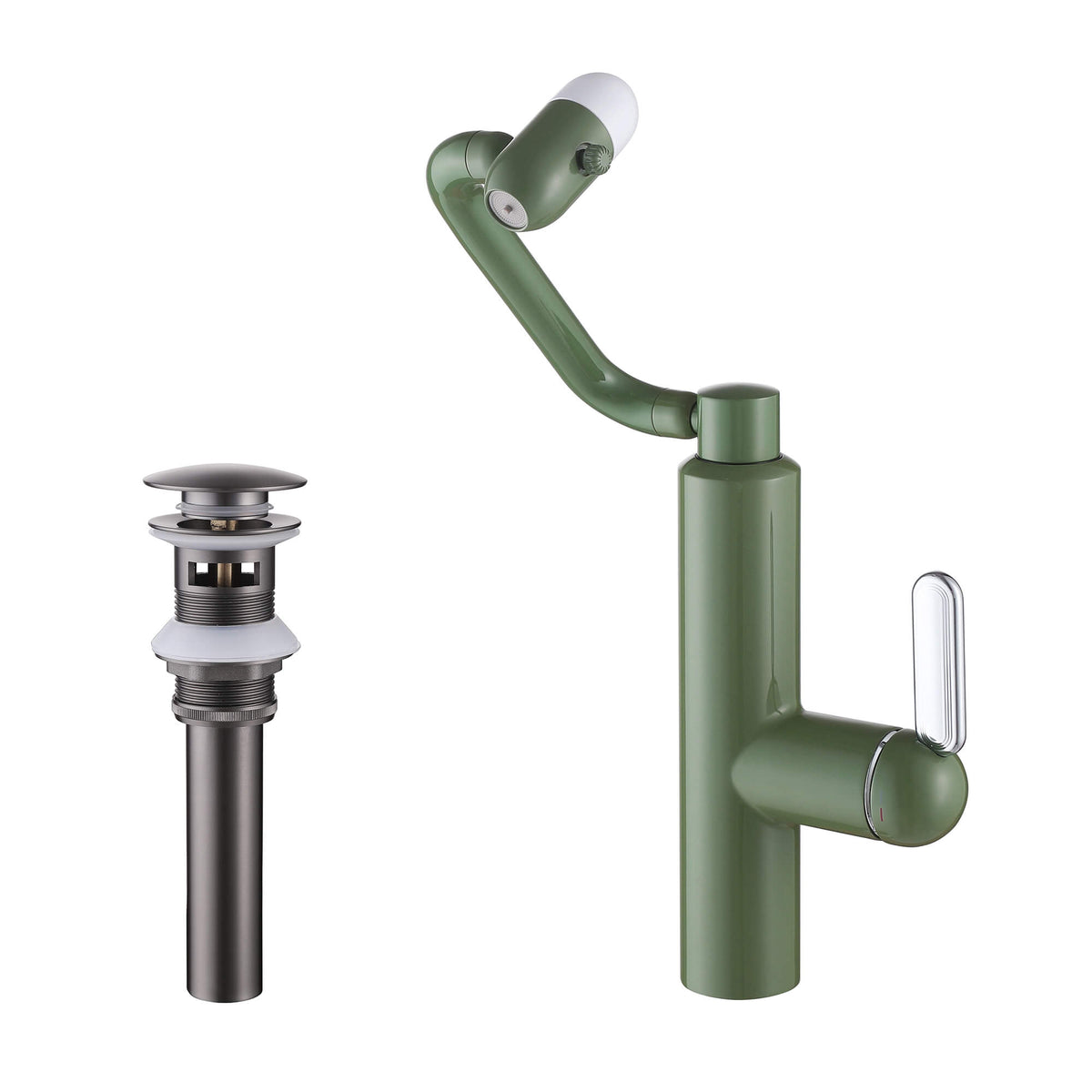 Olive green flexible arm bathroom faucet with adjustable spray head and modern vanity sink design