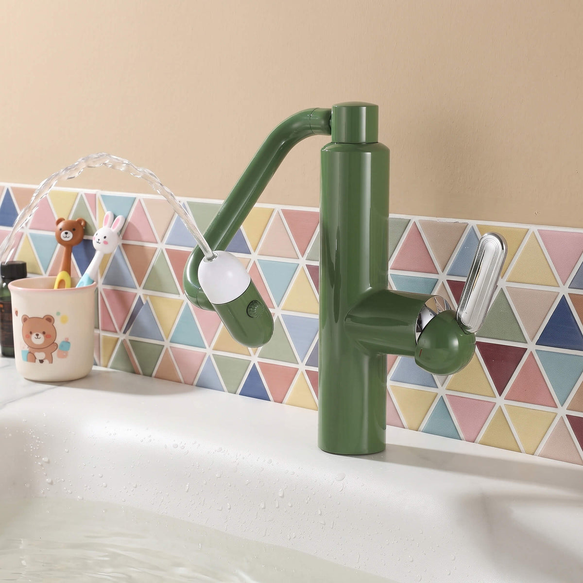 Olive green adjustable faucet showing powerful stream water mode