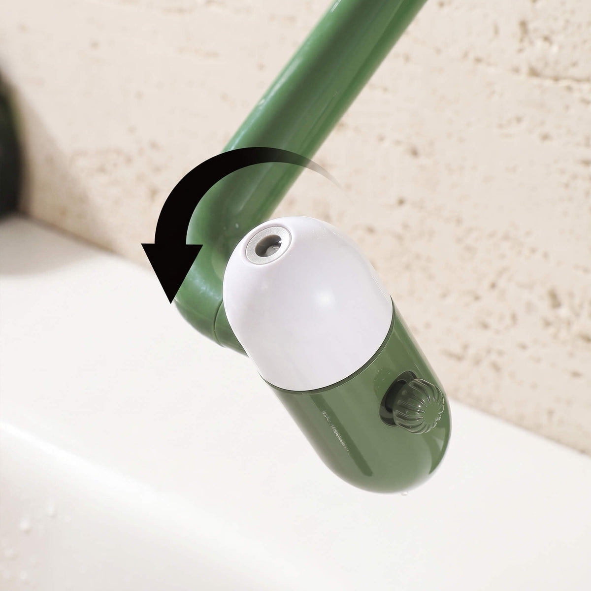 Olive green faucet head with rotating spray adjustment feature