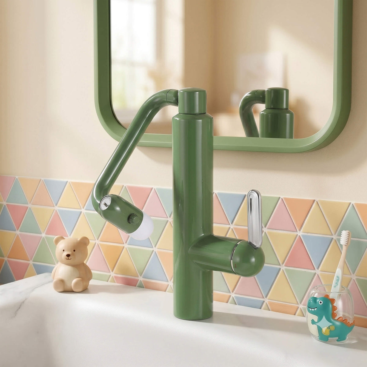 Olive green vanity sink faucet in a modern bathroom interior