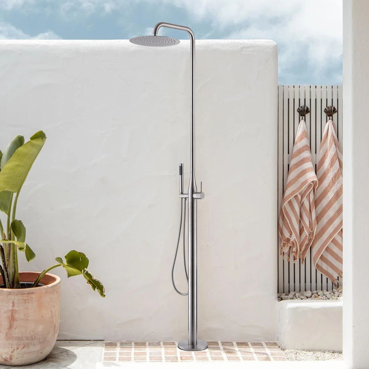 Freestanding Stainless Steel Outdoor Shower for Poolside with Handheld Shower & Drench Head
